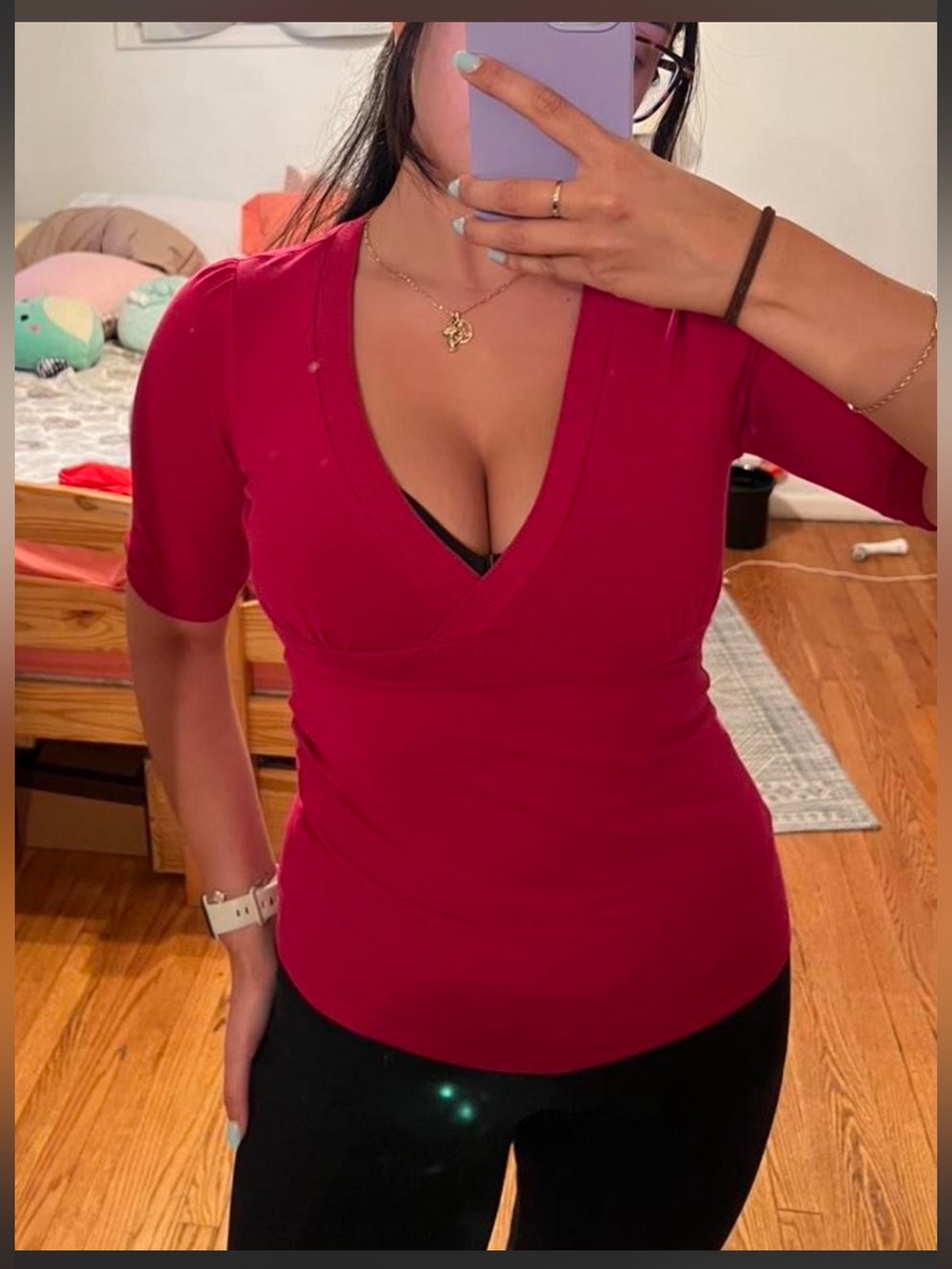 Deep V Ribbed Short-Sleeve Top in fuchsia